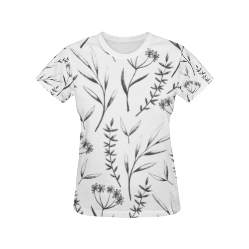 black white flowers All Over Print T-shirt for Women/Large Size (USA Size) (Model T40)