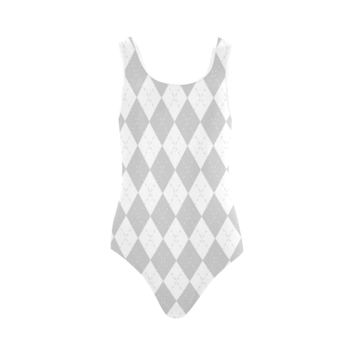 Grey and White Argyle Vest One Piece Swimsuit (Model S04)