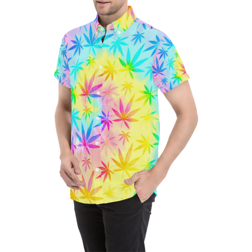 Rainbow Tie-Dye Weed Leaf Print Men's All Over Print Short Sleeve Shirt (Model T53)