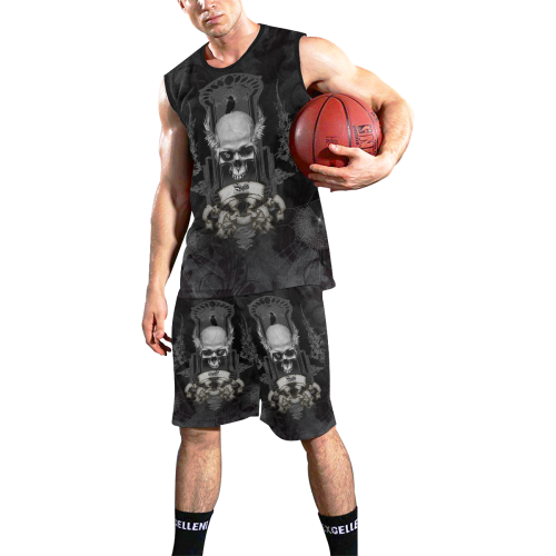Skull with crow in black and white All Over Print Basketball Uniform