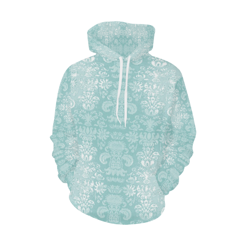 Aqua Vintage Damask All Over Print Hoodie for Women (USA Size) (Model H13)
