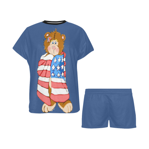 Patriotic Flag Bear Classic Blue Women's Short Pajama Set