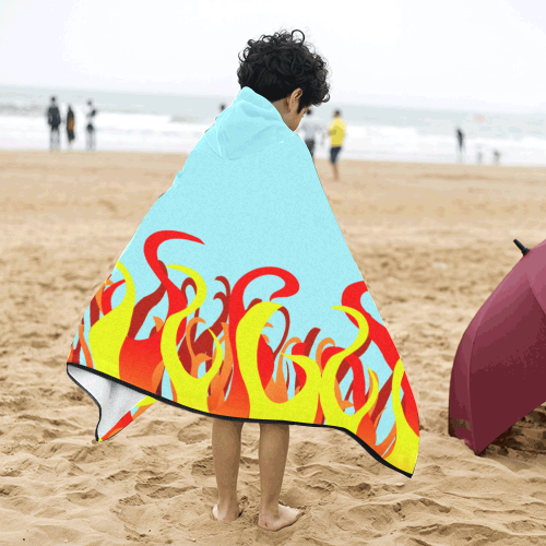 Fire and Flames on Blue Kids' Hooded Bath Towels