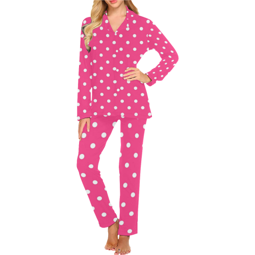 Hot Pink White Dots Women's Long Pajama Set