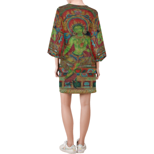 Green Tara from Tibetan Buddhism Bell Sleeve Dress (Model D52)