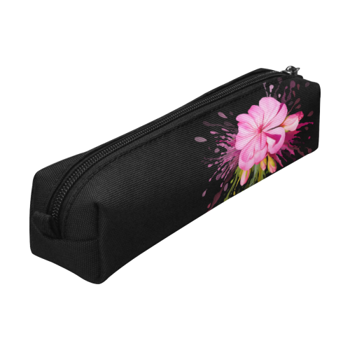 Pink flower color splash, floral watercolor on black Pencil Pouch/Small (Model 1681)