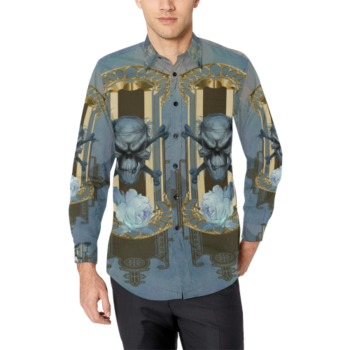 The blue skull with crow Men's All Over Print Casual Dress Shirt (Model T61)