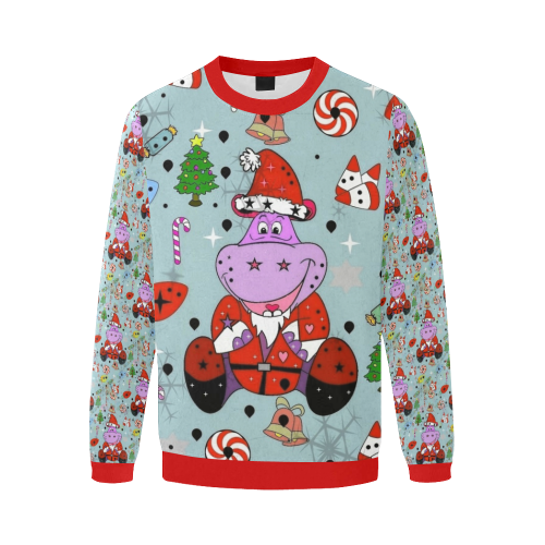 Christmas Hippo by Nico Bielow Men's Oversized Fleece Crew Sweatshirt/Large Size(Model H18)