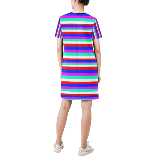 Colored Stripes - Fire Red Royal Blue Pink Mint Wh Short-Sleeve Round Neck A-Line Dress (Model D47)