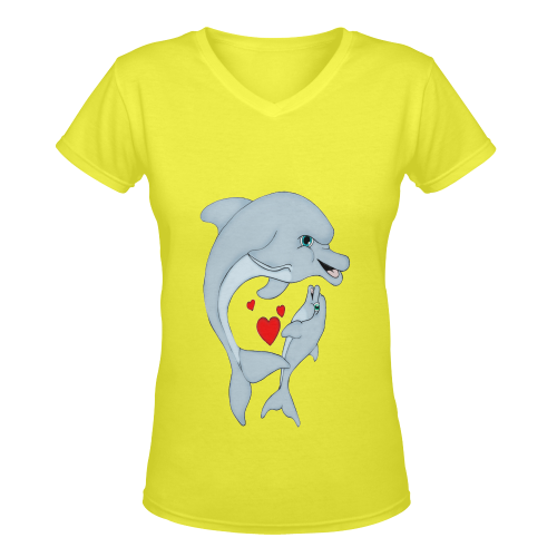 Dolphin Love Yellow Women's Deep V-neck T-shirt (Model T19)