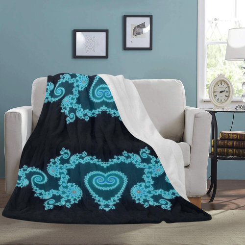 Sky Blue and Black Hearts Lace Fractal Abstract Ultra-Soft Micro Fleece Blanket 54''x70''