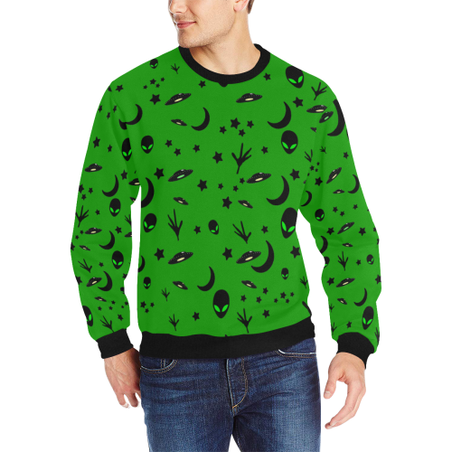Alien Flying Saucers Stars Pattern on Green Men's Rib Cuff Crew Neck Sweatshirt (Model H34)