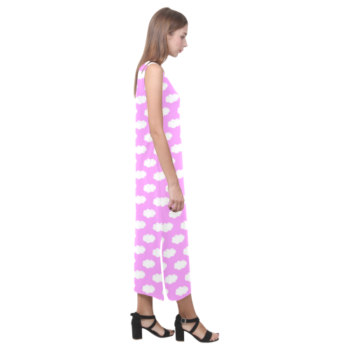Clouds and Polka Dots on Pink Phaedra Sleeveless Open Fork Long Dress (Model D08)