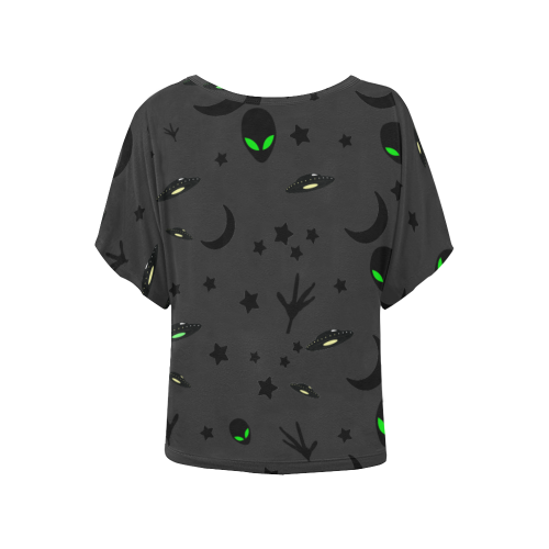 Alien Flying Saucers Stars Pattern on Charcoal Women's Batwing-Sleeved Blouse T shirt (Model T44)