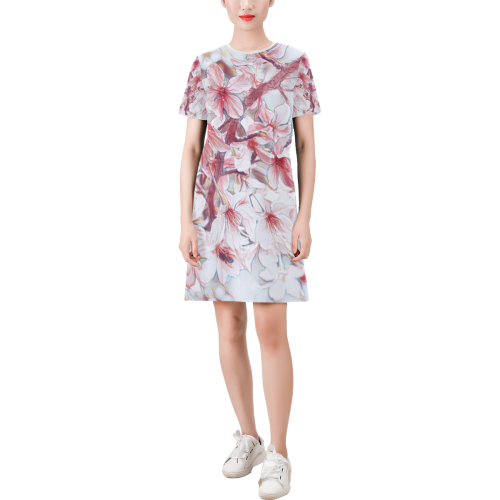 Delicate floral 118 by JamColors Short-Sleeve Round Neck A-Line Dress (Model D47)