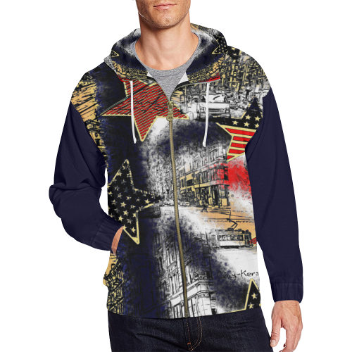 American Town with Stars and Navy Sleeves Design By Me by Doris Clay-Kersey All Over Print Full Zip Hoodie for Men (Model H14)