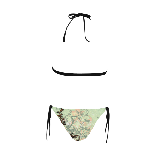 Flower power on soft green background Buckle Front Halter Bikini Swimsuit (Model S08)