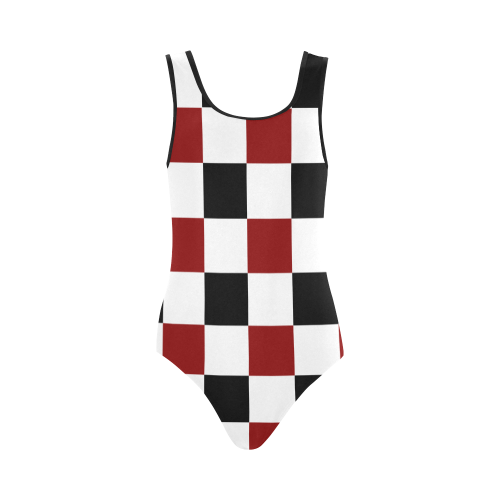 Black Red White Checker Vest One Piece Swimsuit (Model S04)