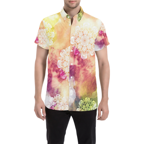 Watercolor LOTUS MANDALA Pattern - grunge style Men's All Over Print Short Sleeve Shirt (Model T53)