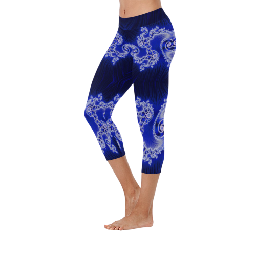 Blue and White Hearts  Lace Fractal Abstract Women's Low Rise Capri Leggings (Invisible Stitch) (Model L08)