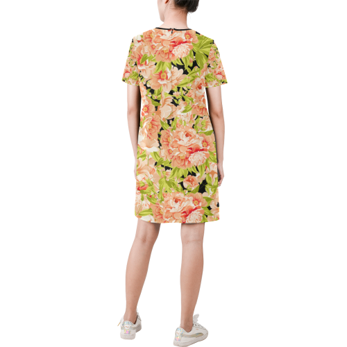 Colorful Flower Pattern Short-Sleeve Round Neck A-Line Dress (Model D47)