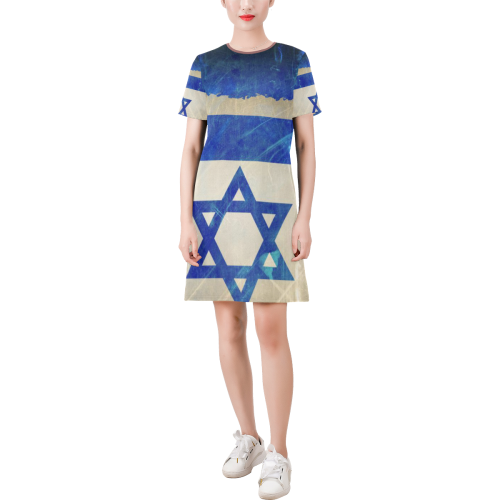 israel flag (2) Short-Sleeve Round Neck A-Line Dress (Model D47)