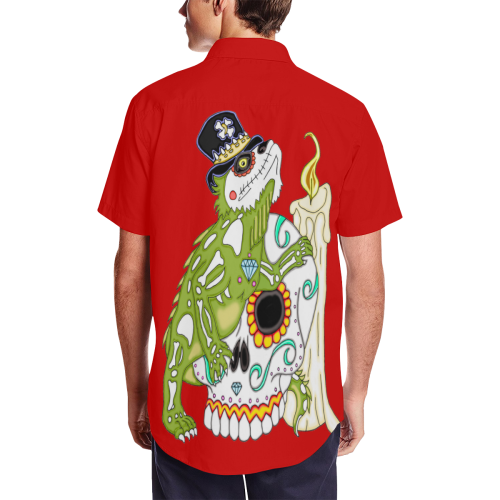 Iguana Sugar Skull Red Men's Short Sleeve Shirt with Lapel Collar (Model T54)