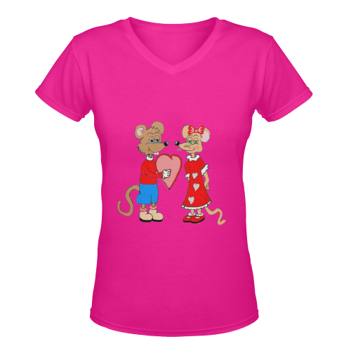 Love Mice Hot Pink Women's Deep V-neck T-shirt (Model T19)