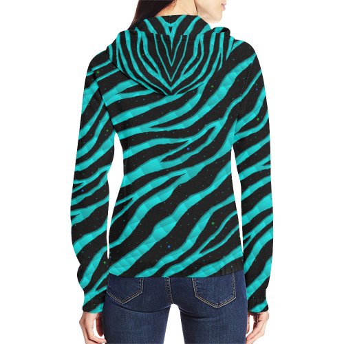 Ripped SpaceTime Stripes - Cyan All Over Print Full Zip Hoodie for Women (Model H14)