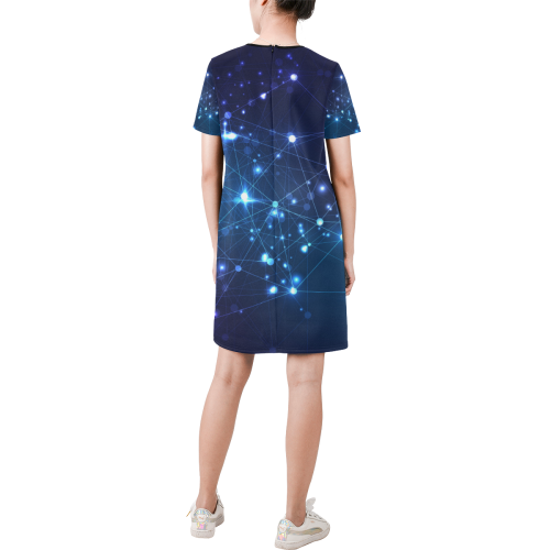 Twinkle Twinkle Little Blue Stars Cosmic Sky Short-Sleeve Round Neck A-Line Dress (Model D47)