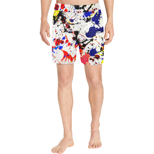 Blue & Red Paint Splatter Men's Mid-Length Swim Shorts (Model L39)