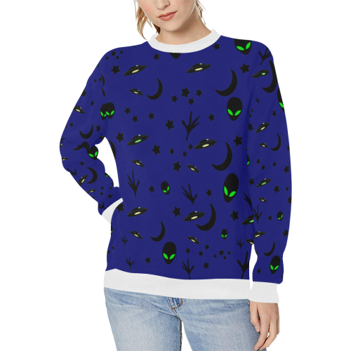 Alien Flying Saucers Stars Pattern on Blue Women's Rib Cuff Crew Neck Sweatshirt (Model H34)