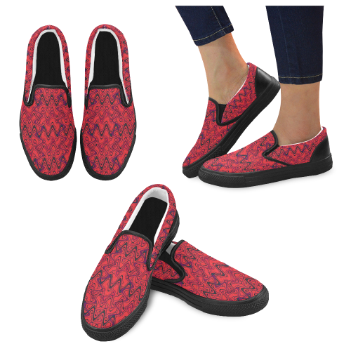 Red and Black Waves pattern design Women's Unusual Slip-on Canvas Shoes (Model 019)