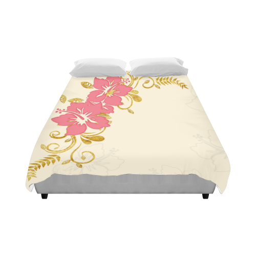 Pink Plumeria and Gold Ferns on Cream Background Duvet Cover 86"x70" ( All-over-print)