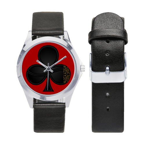 Club Las Vegas Symbol Playing Card Shape  (Red) Unisex Silver-Tone Round Leather Watch (Model 216)