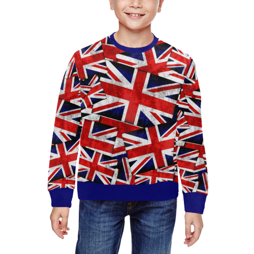 Union Jack British UK Flag - Blue Trim All Over Print Crewneck Sweatshirt for Kids (Model H29)