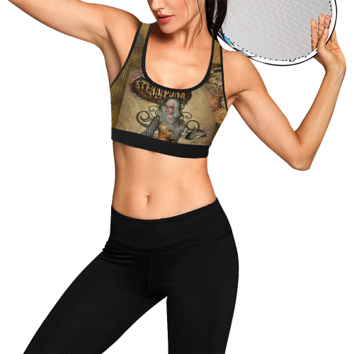 Steampunk lady with owl Women's All Over Print Sports Bra (Model T52)