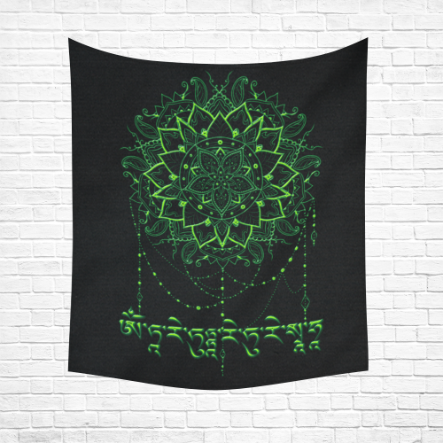Mandala with Green Tara Mantra Cotton Linen Wall Tapestry 51"x 60"