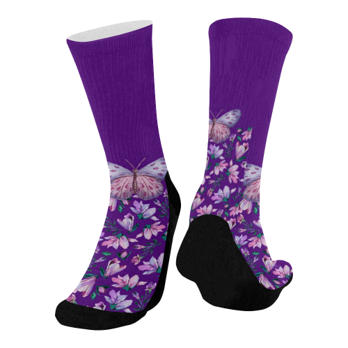 Purple Spring Butterfly Mid-Calf Socks (Black Sole)