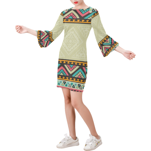Beautiful Ethnic Tiki Design Bell Sleeve Dress (Model D52)