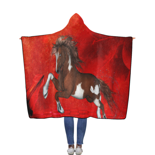 Wild horse on red background Flannel Hooded Blanket 56''x80''