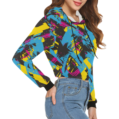 Colorful paint stokes on a black background All Over Print Crop Hoodie for Women (Model H22)