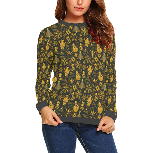 Golden Christmas Icons All Over Print Crewneck Sweatshirt for Women (Model H18)