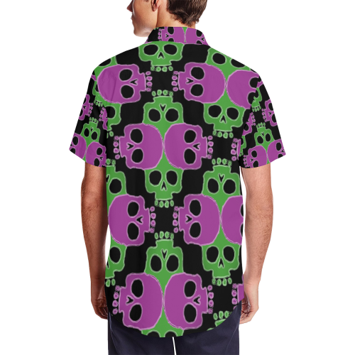 Skull Jigsaw Green Pink Men's Short Sleeve Shirt with Lapel Collar (Model T54)