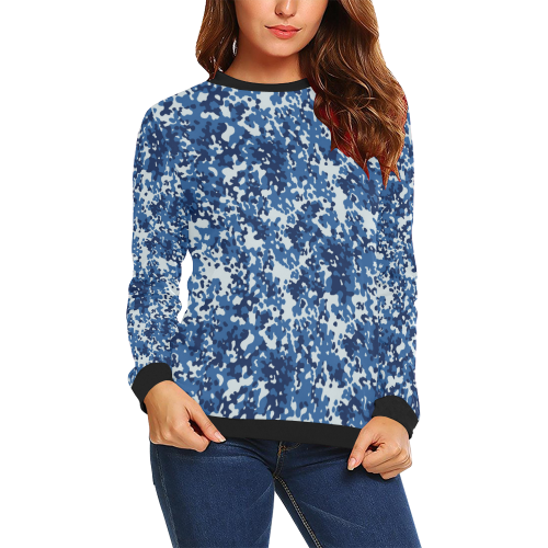 Digital Blue Camouflage All Over Print Crewneck Sweatshirt for Women (Model H18)