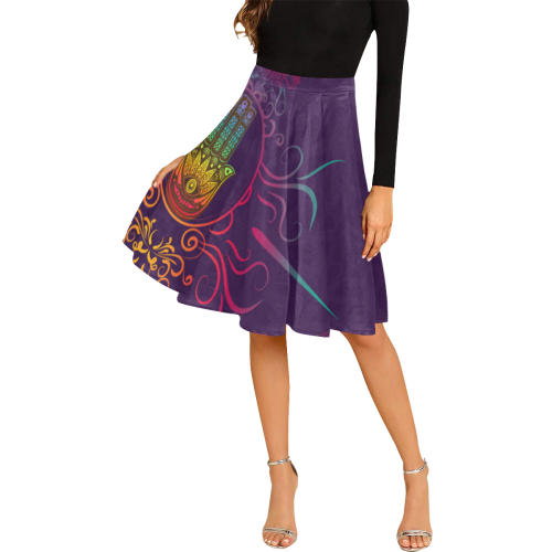 Hamsa Colorful Mandala Melete Pleated Midi Skirt (Model D15)