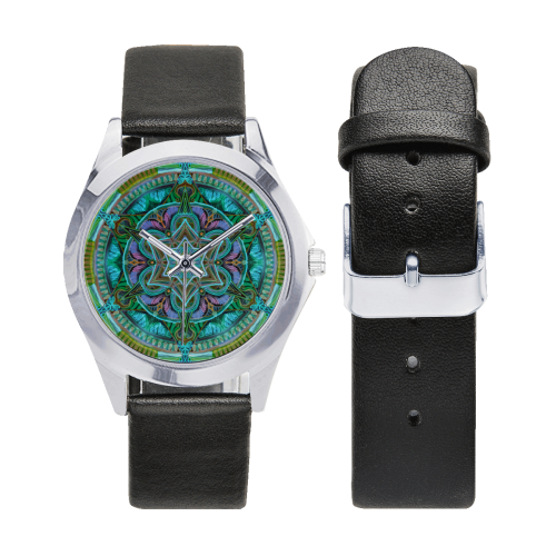 maguen mandala 5 Unisex Silver-Tone Round Leather Watch (Model 216)