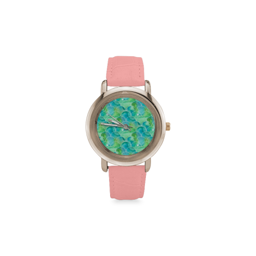 Mermaid SCALES green blue Women's Rose Gold Leather Strap Watch(Model 201)
