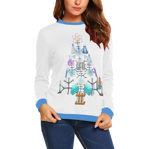Oh Chemist Tree, Oh Chemistry, Science Christmas Blue and White All Over Print Crewneck Sweatshirt for Women (Model H18)