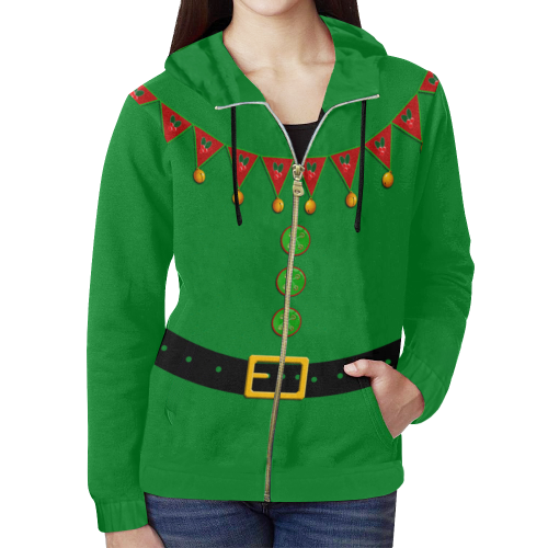 Santa's Helper Elf Green All Over Print Full Zip Hoodie for Women (Model H14)